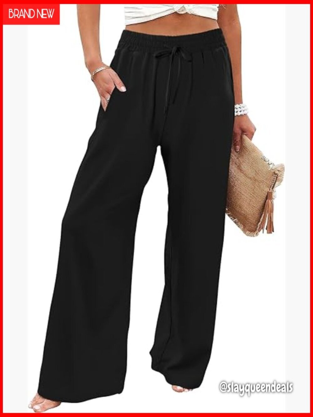 Summer Palazzo Pants Elastic Waist Wide Leg Boho Trousers with Pockets
